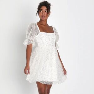 Lulus Magic Sparkle White Beaded Sequin Puff Mink Dress
